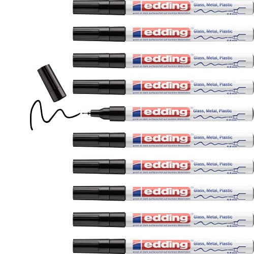 edding 780 gloss paint marker – black – 10 paint markers – extra-fine round tip 0.8 mm – paint pen for glass, pebbles, wood, plastic, paper – waterproof, high coverage