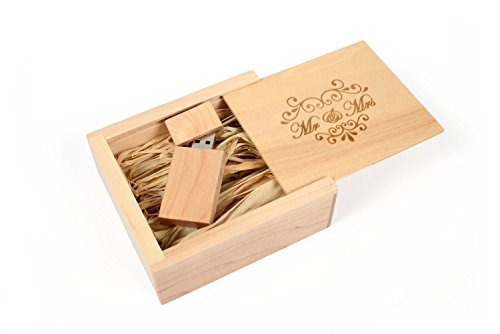 Maple 8GB USB Flash Drive – Inserted into a Engraved Maple Stained Box with Raffia Grass Inside. MR & MRS Design!