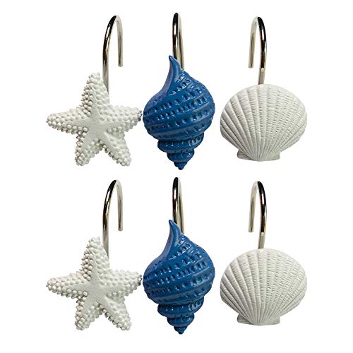 Sea Ocean Style Seashell Shower Curtain Hooks Rings Pack of 12 (Seashell: White; Starfish:White ; Conch:Blue)