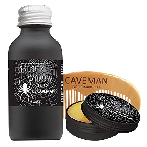 Caveman Black Widow Beard Oil, Leave in Conditioner, 1oz Beard Balm and Handmade Wooden Caveman Comb