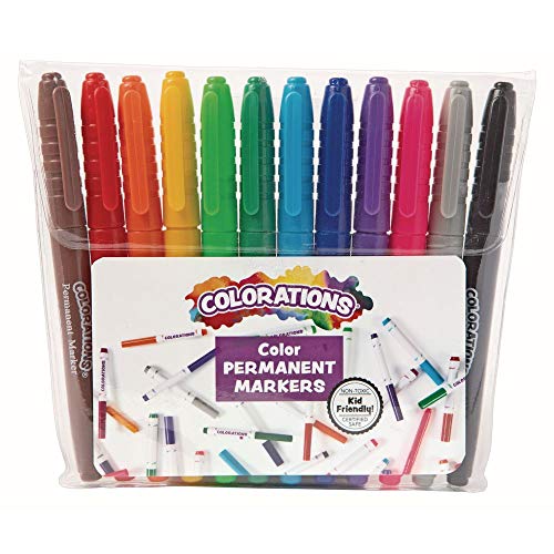 Colorations® Assorted Colors Permanent Fine-Tip Markers, Set of 12, Use on paper, plastic, metal and more, Ink dries quickly and is Non-Toxic, Use for Classroom, Home or Office