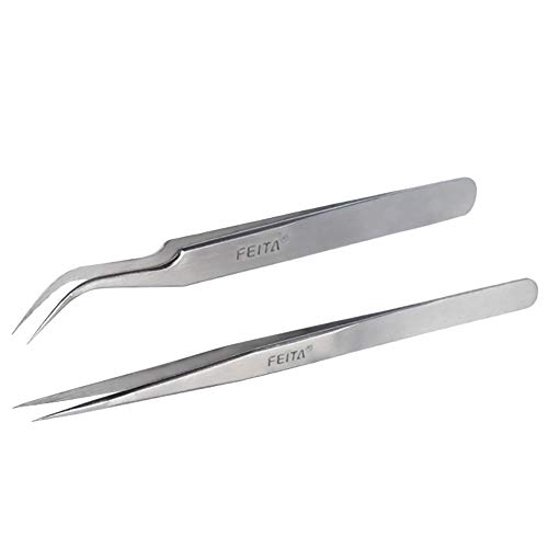 Best Eyelash Extension Tweezer Set – FEITA Pro Straight & Curved Pointy Precision Fine Tip Tweezers for Lash Extensions – Silver – 2Pcs