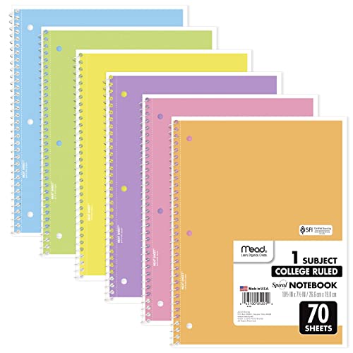 Mead Spiral Notebook, 6 Pack of 1-Subject College Ruled Spiral Bound , Pastel Color Cute school Notebooks, 70 Pages