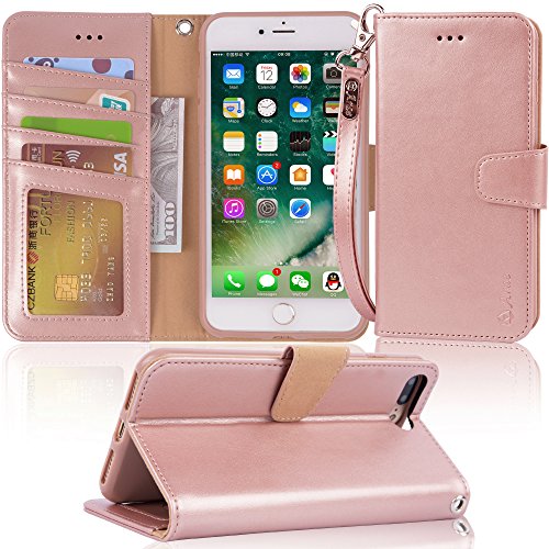 Arae Case for iPhone 7 Plus/iPhone 8 Plus, Premium PU Leather Wallet Case with Kickstand and Flip Cover for iPhone 7 Plus (2016) / iPhone 8 Plus (2017) 5.5 inch – Rose Gold
