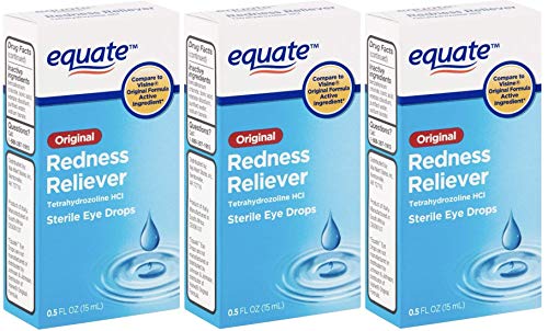Equate Redness Reliever Sterile Eye Drops 0.5oz Dropper Bottle 3 Pack. Lubricant Gives Long Lasting Relief for Burning, Itching, & Dryness Fast! Cures Red Eyes with Active Ingredient Tetrahydrozoline.