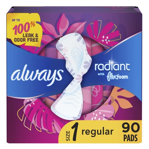 Always Radiant Feminine Pads For Women, Size 1 Regular Absorbency, Multipack, With Flexfoam, With Wings, Light Clean Scent, 30 Count x 3 Packs (90 Count total)