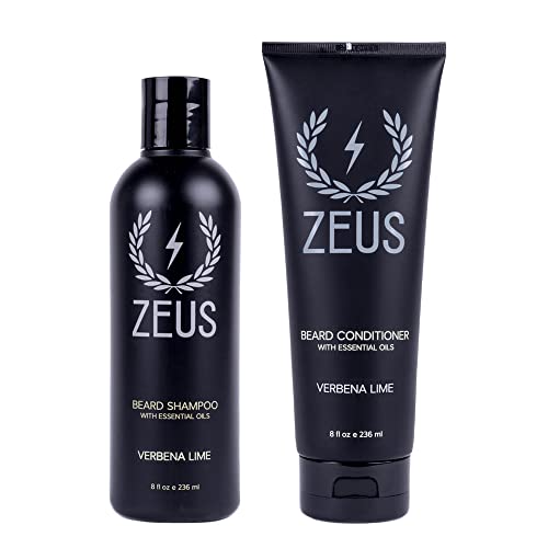 ZEUS Beard Wash & Beard Conditioner Set with Green Tea for Men, Soften, Hydrates & Moisturizes – MADE IN USA (Verbena Lime)