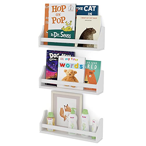 Nursery Décor Wall Shelves – 3 Set Shelf – Crown Molding Floating Bookshelves for Baby and Kids Room Book Organizer Storage Ledge, Display Holder for Toys, CDs, Baby Monitor, Frames