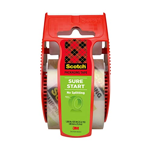 Scotch Sure Start Shipping Packaging Tape, 1.88″x 22.2 yd, Designed for Packing, Shipping and Mailing, Quiet Unwind, No Splitting or Tearing, 1.5″ Core, Clear, 1 Dispensered Roll (145)
