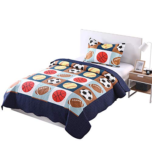 MarCielo 2 Piece Kids Bedspread Quilts Set Throw Blanket for Teens Boys Bed Printed Bedding Coverlet, Twin Size, Blue Basketball Football Sports, American Football (Twin)