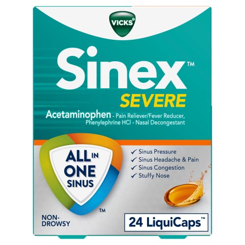 Vicks Sinex SEVERE LiquiCaps, All-In-One Sinus Relief, Non-Drowsy, Nasal Decongestant, Maximum Strength Relief of Sinus Headache, Pain, Pressure, & Congestion, 24 LiquiCaps