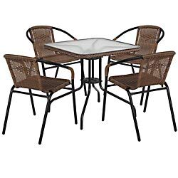 Flash Furniture 28” Square Glass Metal Table with Dark Brown Rattan Edging and 4 Dark Brown Rattan Stack Chairs