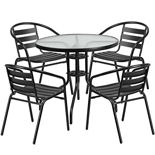Flash Furniture 31.5” Round Glass Metal Table with 4 Black Metal Aluminum Slat Stack Chairs