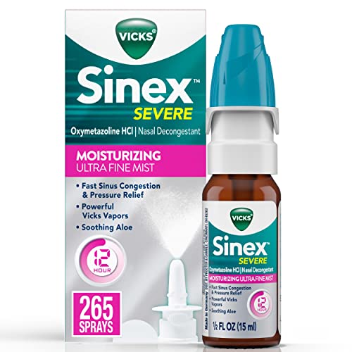 Vicks Sinex SEVERE Nasal Spray, Moisturizing Ultra Fine Mist with Aloe, Decongestant Medicine, Relief from Stuffy Nose due to Cold or Allergy, & Nasal Congestion, Sinus Pressure Relief, 265 Sprays