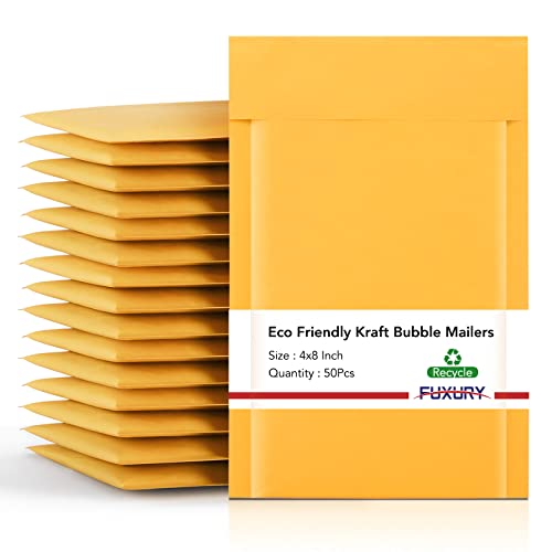 Fuxury Kraft Bubble Mailer 4×8 Inch 50 Pack，Strong Adhesion Padded Envelopes,Self Seal Bubble Envelopes, Waterproof Cushioned Bubble Mailers Packaging for Small Business，Bulk #000 Yellow
