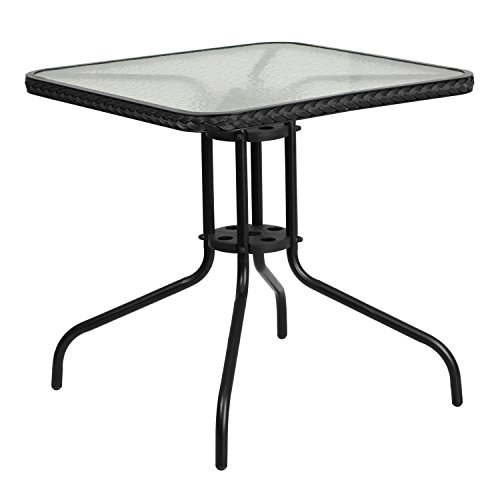 Flash Furniture 28” Square Tempered Glass Metal Table with Black Rattan Edging
