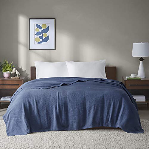 Madison Park Freshspun Basketweave Luxury Cotton Blanket Navy 90×90 Full/Queen Size Basketweave Premium Soft Cozy 100% Cotton For Bed, Couch or Sofa