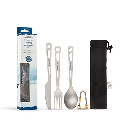 finessCity Titanium Utility Cutlery Set Extra Strong Ultra Lightweight (Ti), Eco-Friendly 3 Piece Knife Fork & Spoon Utensils Set for Home/Travel/Camping in Easy to Store Case (3-Piece Cutlery Set)