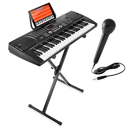 Hamzer 61-Key Electronic Piano Electric Organ Music Keyboard with Stand, Microphone, & Sticker Sheet – Black