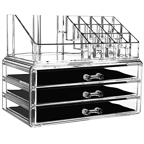 Cq acrylic Makeup Organizer Skin Care Large Clear Cosmetic Display Cases Stackable Storage Box With 3 Drawers For Vanity,Set of 2