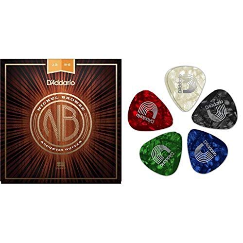 D’Addario Nickel Bronze Light Top/Med Bottom Acoustic Guitar Strings and 10 Pack Assorted Celluloid Medium Guitar Picks