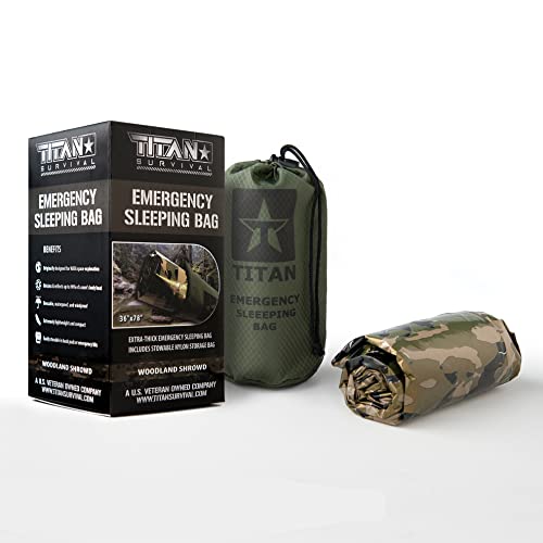 TITAN Survival Emergency Sleeping Bag/Thermal Bivy | Woodland CAMO | PE, 36″ x 78″