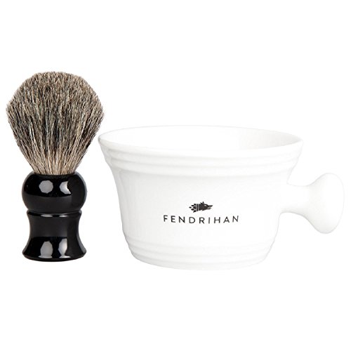 Fendrihan Porcelain Shaving Mug, White (MADE IN THE EUROPEAN UNION) AND Genuine 100% Pure Badger Shaving Brush with Black Handle