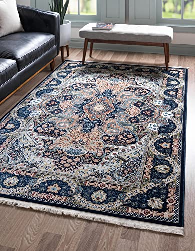 Unique Loom Narenj Collection Classic Traditional Medallion Textured Design Area Rug, 10 x 13 ft, Navy Blue/Tan