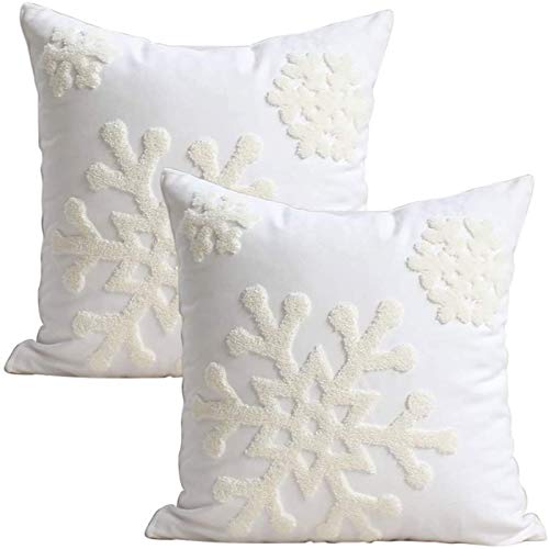 Elife 18×18 Soft Canvas Christmas Winter Snowflake Style Cotton Linen Embroidery Throw Pillows Covers w/Invisible Zipper for Bed Sofa Cushion Pillowcases for Kids Bedding (1 Pair, White)