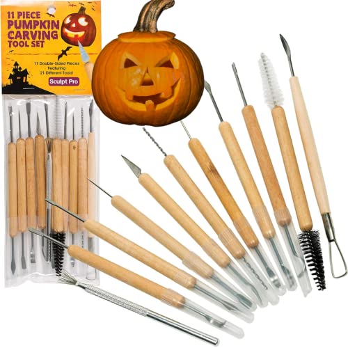 Pumpkin Carving Kit (21 Tool Set) w 11 Double Sided Pieces – Halloween Professional Sculpting, Cutting and Carving Knife Supplies for Fall Jack-O-Lanterns, Pumpkins, Decorations for Kids and Adults