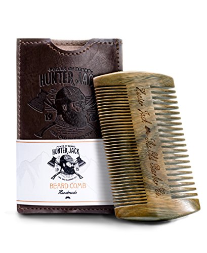 Sandalwood Beard Comb for Men – Handmade Beard & Mustache Comb – Premium Wooden Comb – Men’s Comb with Fine & Wide Tooth – Small Pocket Size Wood Comb in PU Leather Case by Hunter Jack