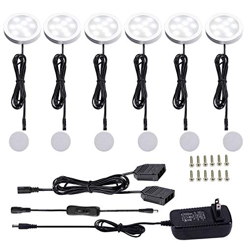 AIBOO 12V LED Under Cabinet Lights Kit 6 Pack Black Cord Aluminum Puck Lamps for Kitchen Counter Closet Lighting with Manual on/Off Switch 12W 6 Lights (6000K Daylight White)