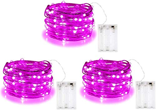 BOLWEO Valentine’s Day Pink String Lights 3 Pack Battery Powered 10Ft 30LED, Waterproof Silver Copper Wire Fairy Lights, Diwali Halloween Christmas Home Party Wedding Girls Room Decorations