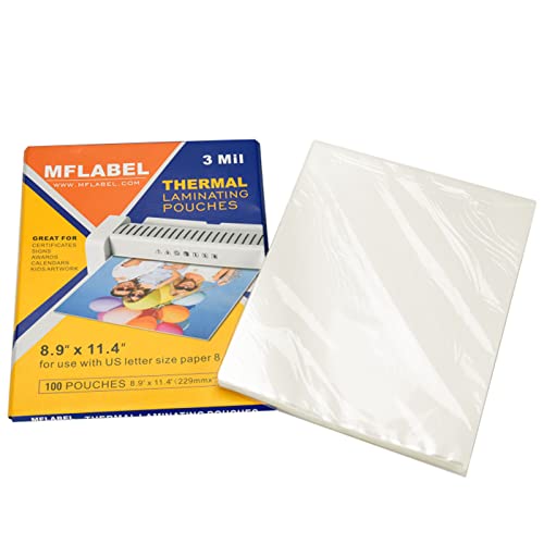 MFLABEL Thermal Laminating Pouches, 8.9 x 11.4-Inches Clear Thermal Laminating Plastic Paper Laminator Sheets for Photos Files Drawings for Use with Thermal Laminators 3 mil 100-Pack