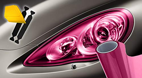 VViViD Extra-Wide Headlight Taillight Vinyl Tint Wrap 16 Inch x 48 Inch Roll Including Yellow Detailer Squeegee & 2X Black Felt Edge Decals (Pink)