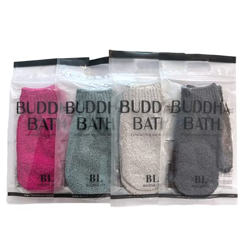 Buddha Bath Scrub Gloves – 4 pairs Exfoliating Shower Mitts – Face and Body – For Men and Women (MIX)