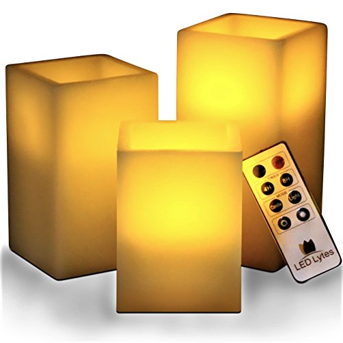 LED Lytes Remote Control Candles Set, 3 Square Candles, Real Wax and Amber Yellow Flame, Mother’s Day Candles Flickering with Remote, Wax Candles, Large Candles Pillar for Gifts for Mom