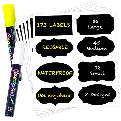 173 Chalkboard Label Stickers with 2 Chalk Markers Pen, Black Chalk Labels for Mason Jars, Pantry Containers, Glass Bottles, Kitchen Food Spice Storage Bins Stickers, Reusable Removable Waterproof