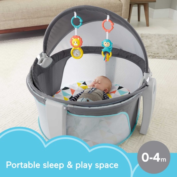 Fisher-Price Portable Bassinet and Play Space On-The-Go Baby Dome with Developmental Toys and Canopy, Windmill