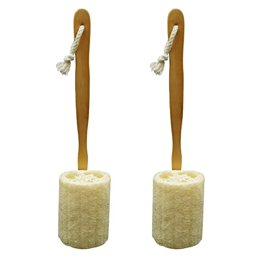 Natural Exfoliating Loofah Luffa Loofa Back Sponge Scrubber Brush with Long Wooden Handle Stick Holder Body Shower Bath Spa Pack of 2