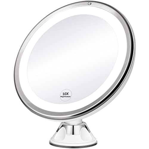 KEDSUM 7.8 inch 10X Magnifying Makeup Mirror with Lights, Dimmable Lighted Magnifying Mirror for Bathroom, Dual Power Supply, Powerful Suction Cup, USB or Battery Operated