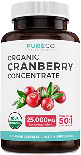 Organic Cranberry Pills – 50:1 Concentrate Equals 25,000mg of Fresh Cranberries (Vegan) for Urinary Tract Health & Kidney Cleanse – Cranberry Pills for Women – UTI Support Supplement – 60 Capsules