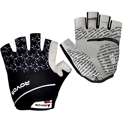 ROVOS Cycling Gloves Gel Men Bike Gloves Biking Gloves Half Finger Bicycle Gloves- Anti Slip Shock Absorbing 5mm Padded Breathable Mountain Bike Gloves for Women (Black,Large)