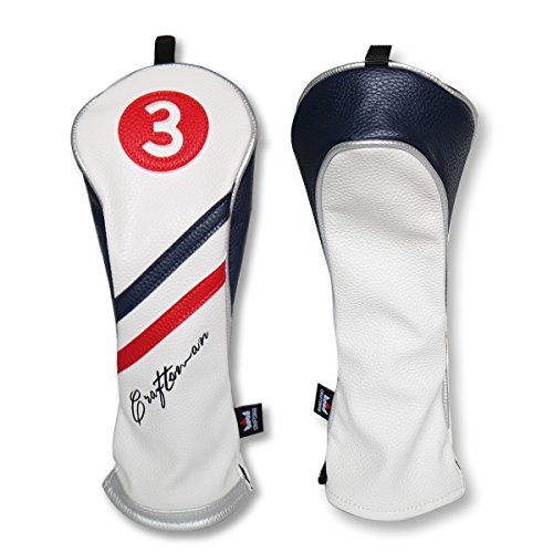 Craftsman Golf White Blue Red Pu Leather Diagonal Stripes Driver/Fairway Wood/Hybrid Headcover #1#3#5 H for All Brands Callaway Big Bertha Cobra Taylormade Ping Mizuno Etc. (#3 Wood Cover)