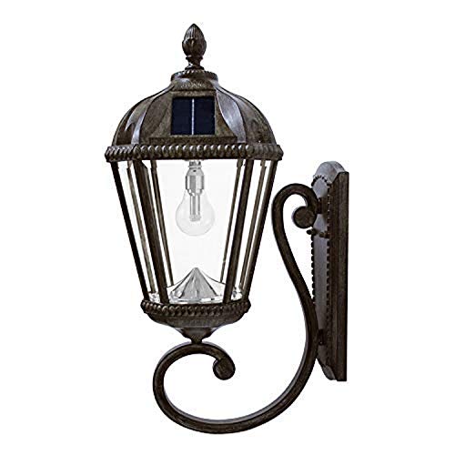 Gama Sonic Solar Outdoor Wall Light, Royal Bulb Exterior Sconce Lamp, Weathered Bronze Finish Aluminum, Clear Beveled Glass, Warm White LED with Omni-Direction Reflector, 98B310