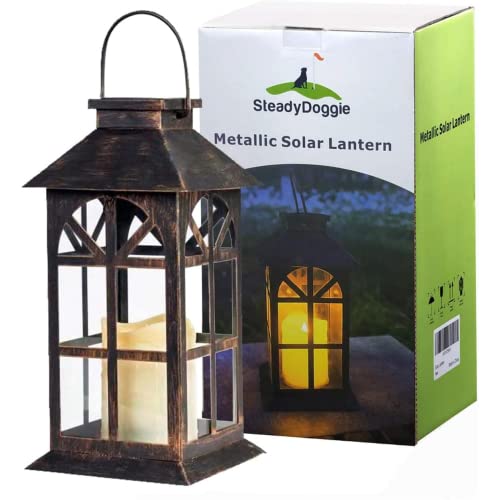 Solar Lantern Outdoor Classic Decor Bronze Antique Metal and Glass Construction Mission Solar Garden Lantern Indoor and Outdoor Solar Hanging Lantern, Entirely Solar Powered Lantern of Low Maintenance