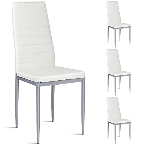 COSTWAY PU Leather Dining Side Chairs Elegant Design Home Furniture, Set of 4 (White)