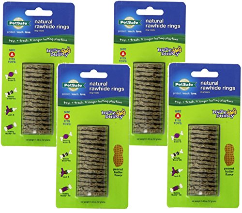 PetSafe (4 Pack) Busy Buddy Refill Ring Dog Treats for Select Busy Buddy Dog Toys, Peanut Butter Flavored Natural Rawhide, Size A