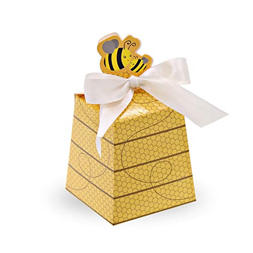 SumDirect Paper Beehive Gift Boxes – 50Pcs Wedding Favor Candy Boxes with Ribbons,Yellow Winnie The Pooh Baby Shower Bee Gift Box for Birthday Decorations