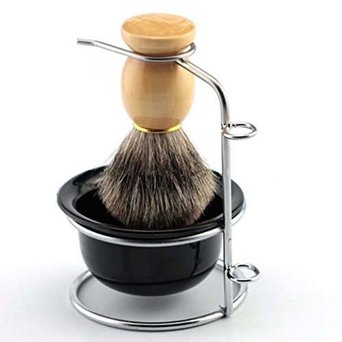 Father or Men’s Shaving Gift Set Stainless Steel Shaving Brush Razor Stand Holder Shaving Bowl Mug Set and Pure Badger Hair Shaving Brush (Style 1)